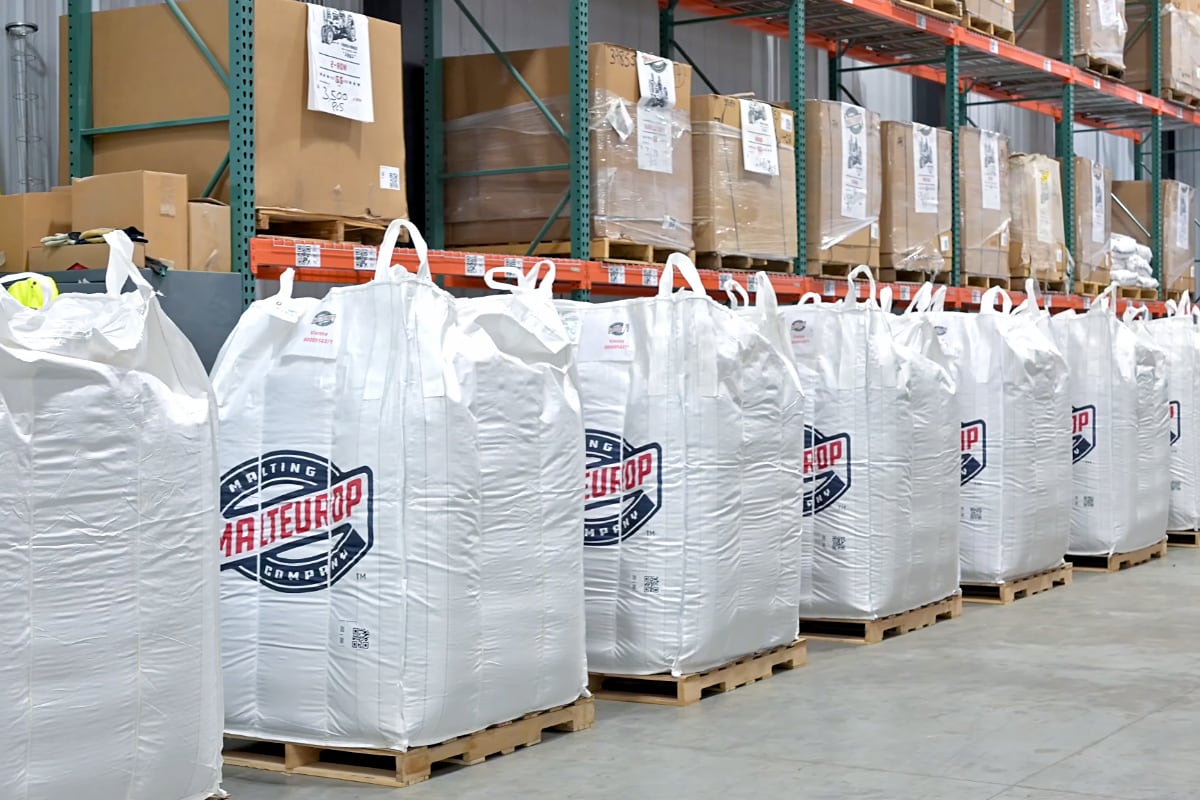 Malteurop malt totes in the Winona bagging facility.